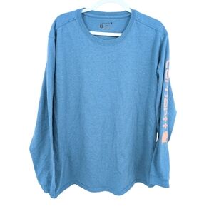 Carhartt Men's 2X Loose Fit Long Sleeve T Shirt Blue with Orange Sleeve Spellout